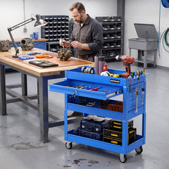 3 Tier Rolling Tool Cart with Lockable Drawer for Garage and Workshop-Blue