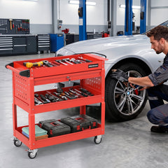 3 Tier Rolling Tool Cart with Lockable Drawer for Garage and Workshop-Red