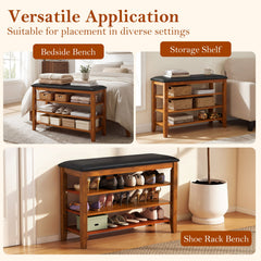 3-Tier Shoe Rack Bench with Adjustable Shelves and Soft Cushion for Entryway and Living Room-Brown