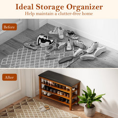 3-Tier Shoe Rack Bench with Adjustable Shelves and Soft Cushion for Entryway and Living Room-Brown