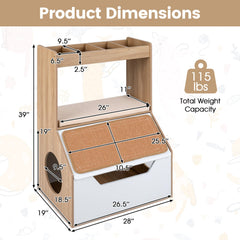3-in-1 Hidden Cat House Cabinet with 4 Cubbies Removable Cushion and Scratching Pad-Natrual