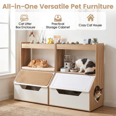 3-in-1 Hidden Cat House Cabinet with 4 Cubbies Removable Cushion and Scratching Pad-Natrual