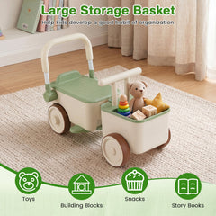 3-in-1 Kids Ride On Push Car with Rope and Storage Basket-Green