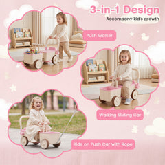 3-in-1 Kids Ride On Push Car with Rope and Storage Basket-Pink