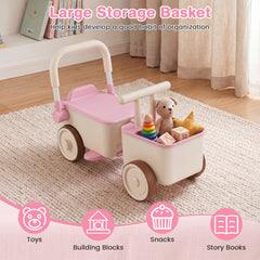 3-in-1 Kids Ride On Push Car with Rope and Storage Basket-Pink