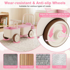 3-in-1 Kids Ride On Push Car with Rope and Storage Basket-Pink