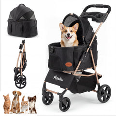 3-in-1 Pet Stroller for Small Medium Dogs Foldable with Detachable Carrier-Black