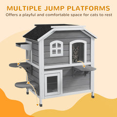 2-Storey Outdoor Cat House, Wooden Catio with Openable Roof, Lounge Space, Fun Entrances, for Feral Cats, Grey
