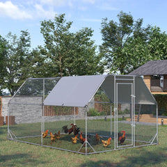 Chicken Run Outdoor, Galvanized Large Metal Chicken Coop Cage, Walk-in Enclosure Poultry Hen Run House Playpen Rabbit Hutch with Flat Roof, Cover, 9.2'x6.2'x6.5', Silver