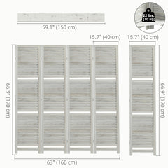 4-Panel Wall Partition Room Separator with 3 Storage Shelves Foldable Design Wooden Frame 5.6FT Distressed White
