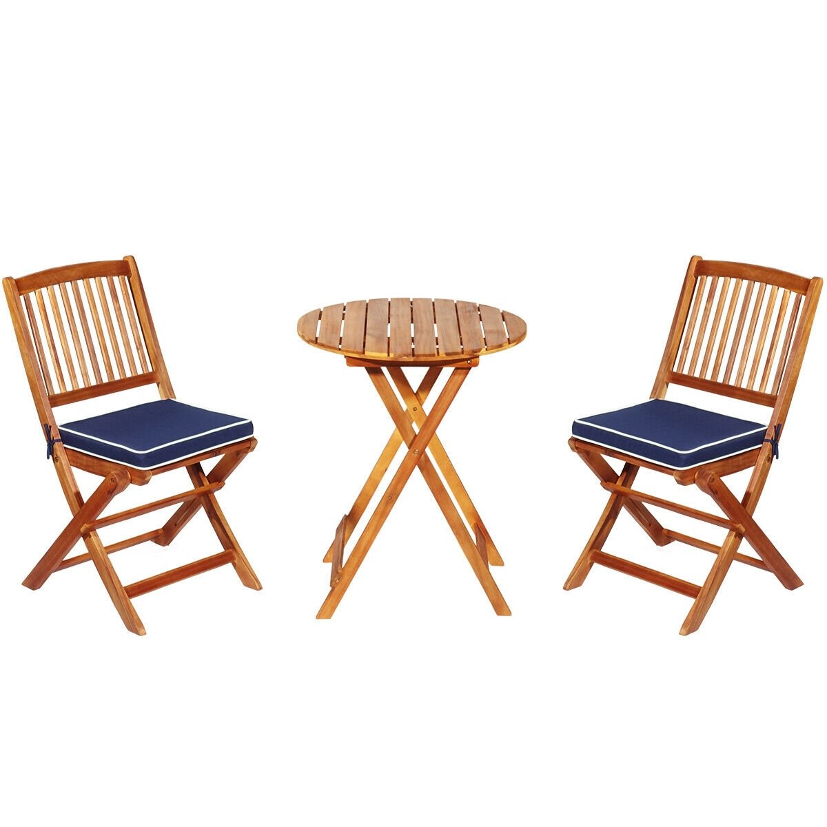 3 Piece Folding Acacia Wood Bistro Set, 2 Slatted Chairs with Navy Cushions and a 23.5 in Round Table