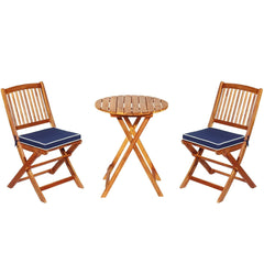 3 Piece Folding Acacia Wood Bistro Set, 2 Slatted Chairs with Navy Cushions and a 23.5 in Round Table
