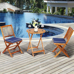 3 Piece Folding Acacia Wood Bistro Set, 2 Slatted Chairs with Navy Cushions and a 23.5 in Round Table