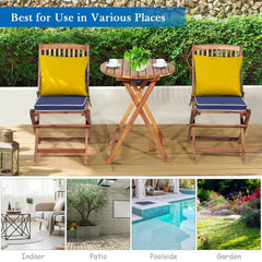 3 Piece Folding Acacia Wood Bistro Set, 2 Slatted Chairs with Navy Cushions and a 23.5 in Round Table