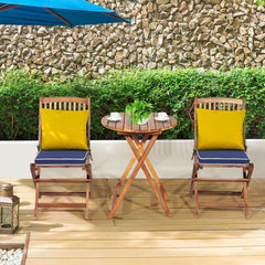 3 Piece Folding Acacia Wood Bistro Set, 2 Slatted Chairs with Navy Cushions and a 23.5 in Round Table
