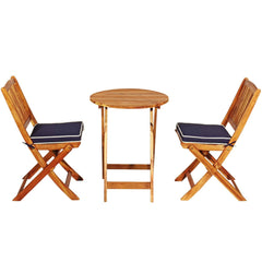 3 Piece Folding Acacia Wood Bistro Set, 2 Slatted Chairs with Navy Cushions and a 23.5 in Round Table