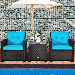 3 Piece Patio Rattan Conversation Set, 2 Wicker Sofas Rated 360 lb with Turquoise Cushions, 21.5 in Seat Height and Glass Top Table