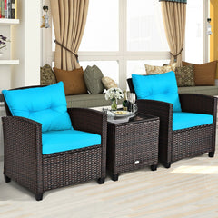 3 Piece Patio Rattan Conversation Set, 2 Wicker Sofas Rated 360 lb with Turquoise Cushions, 21.5 in Seat Height and Glass Top Table