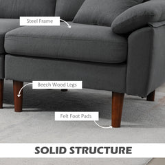 L-Shape Sofa, Modern Sectional Couch with Changeable Chaise Lounge, Pillows and Wooden Legs for Living Room, Dark Grey