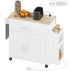 Kitchen Island with Storage, Rolling Kitchen Cart with Foldable Drop Leaf, Power Outlet and USB Ports, Black