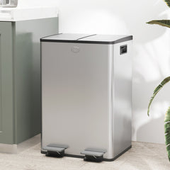 Dual Garbage Bin with Foot Pedal - 2 x 28 Litre Garbage Can with Removable Inner Buckets, Silver