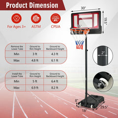 4.3-8.2 FT Portable Basketball Hoop with Adjustable Height and Wheels-Red