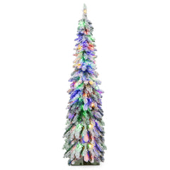5 FT Pre-Lit Snow Flocked Slim Pencil Christmas Tree with 334 Tips, 150 LEDs and 11 Modes