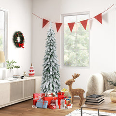 5 FT Pre-Lit Snow Flocked Slim Pencil Christmas Tree with 334 Tips, 150 LEDs and 11 Modes