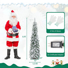 5 FT Pre-Lit Snow Flocked Slim Pencil Christmas Tree with 334 Tips, 150 LEDs and 11 Modes