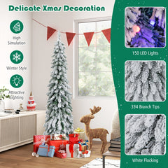 5 FT Pre-Lit Snow Flocked Slim Pencil Christmas Tree with 334 Tips, 150 LEDs and 11 Modes