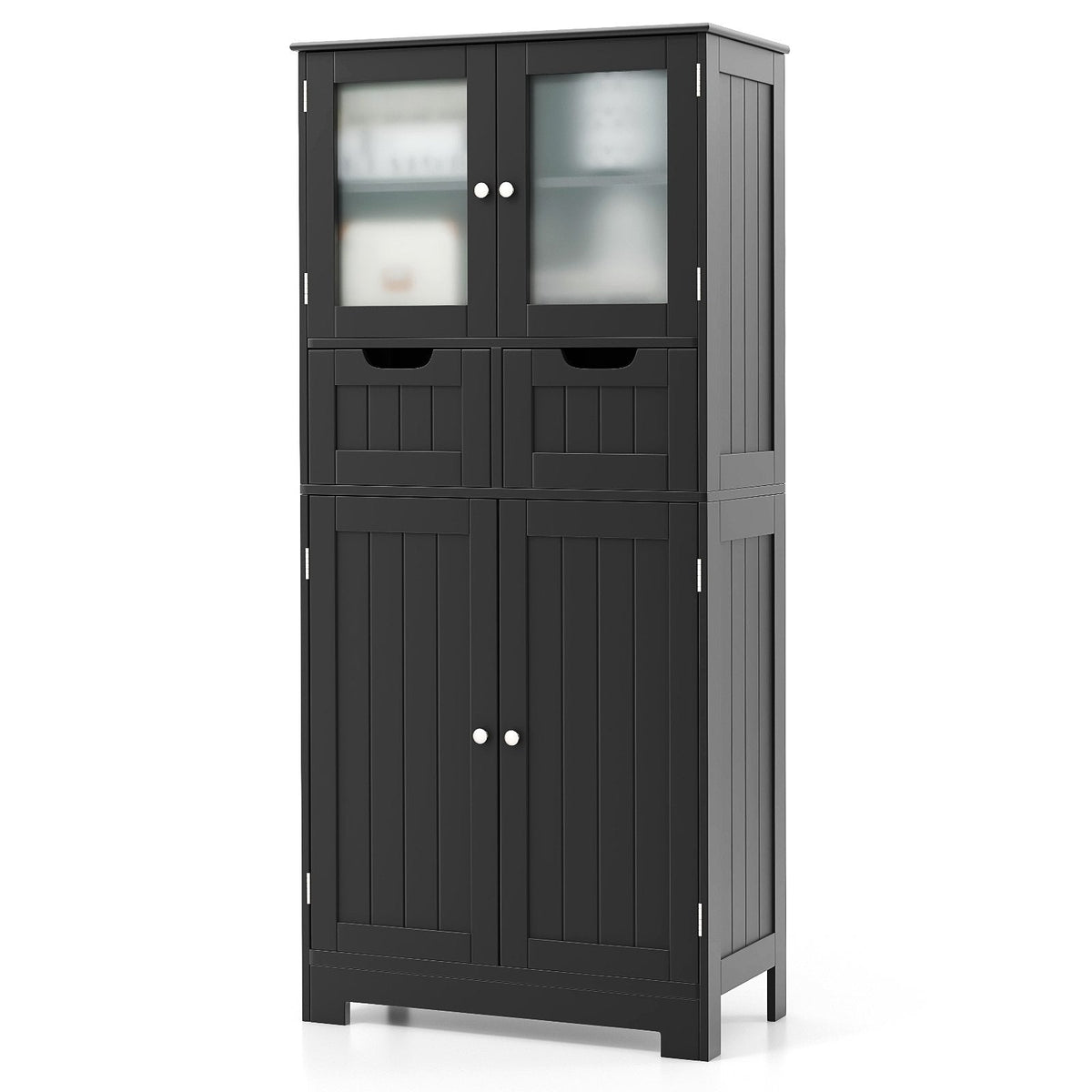 4 Door Freestanding Bathroom Floor Storage Cabinet with 2 Drawers and Glass Doors-Black