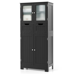 4 Door Freestanding Bathroom Floor Storage Cabinet with 2 Drawers and Glass Doors-Black