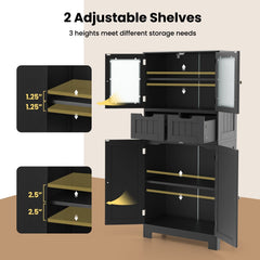 4 Door Freestanding Bathroom Floor Storage Cabinet with 2 Drawers and Glass Doors-Black