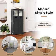 4 Door Freestanding Bathroom Floor Storage Cabinet with 2 Drawers and Glass Doors-Black