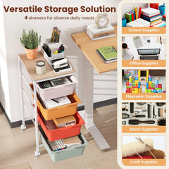 4-Drawer Rolling Storage Cart Mobile Utility Organizer with Wooden Tabletop and Lockable Wheels-Macaron