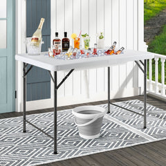 4 Feet Folding Ice Bin Table with Skirt for Camping Picnic Wedding with Ice Bucket-White