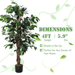 4 Foot Artificial Ficus Tree with Rattan Bound Trunks, 504 Leaf Silk Ficus
