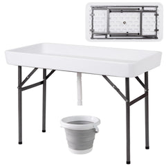 4 Feet Plastic Party Ice Folding Table with Matching Skirt and Ice Bucket-White