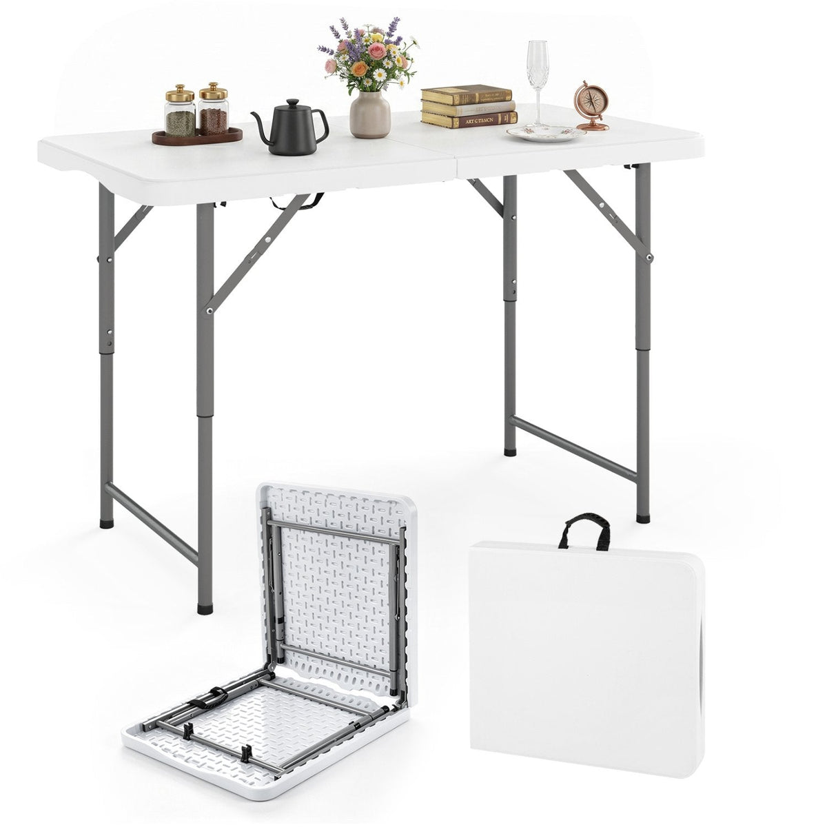 4 Feet Portable Camping Table with HDPE Tabletop and Metal Legs-White