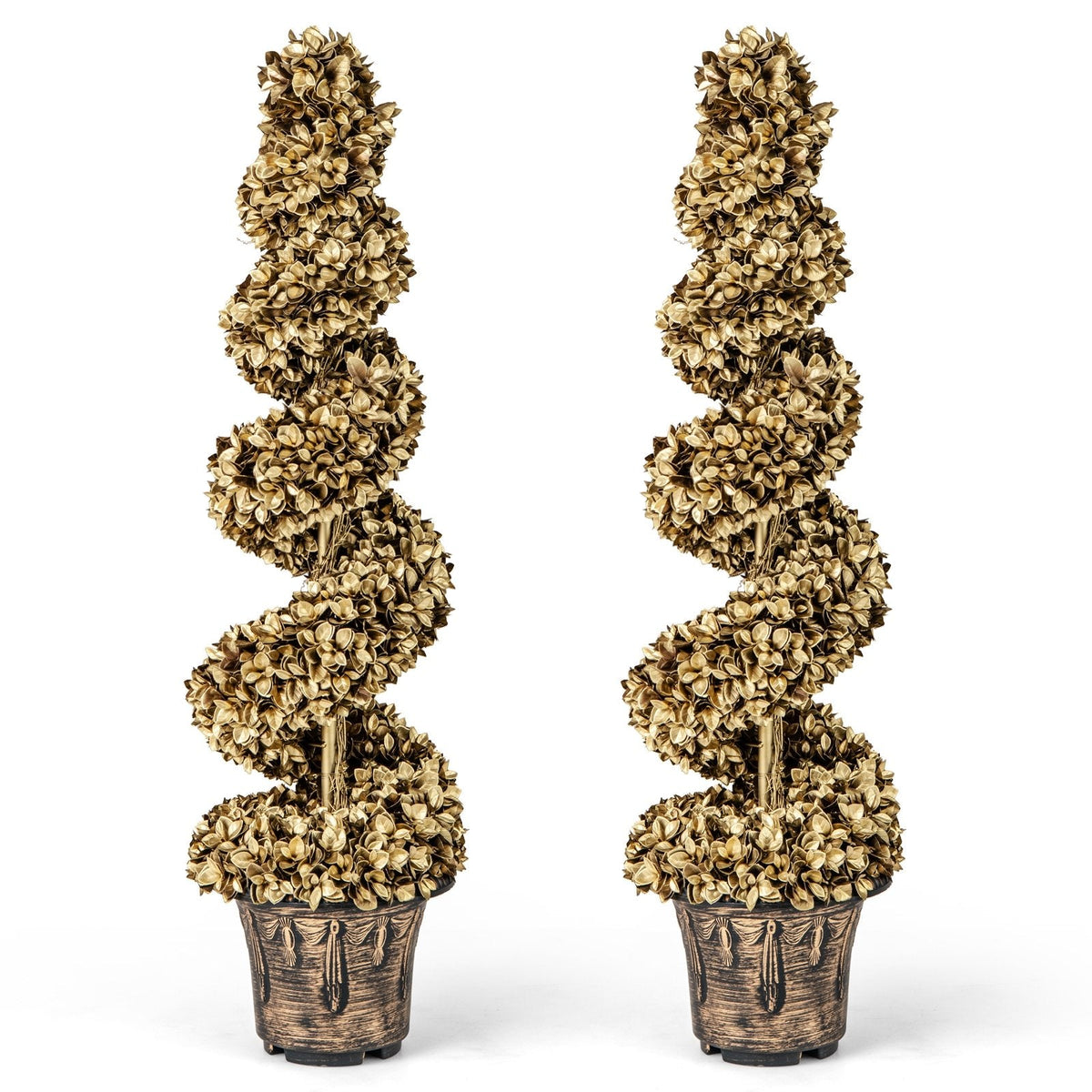 4 FT Artificial Topiary Spiral Tree Set of 2 with Vintage Plastic Nursery Pot-Gold