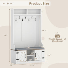 4-in-1 68.5 Inch Tall Coat Rack with Cushioned Bench and Shoe Storage-White