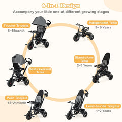 4-in-1 Baby Tricycle Toddler Trike with Reversible Seat and 5-Point Safety Harness-Gray