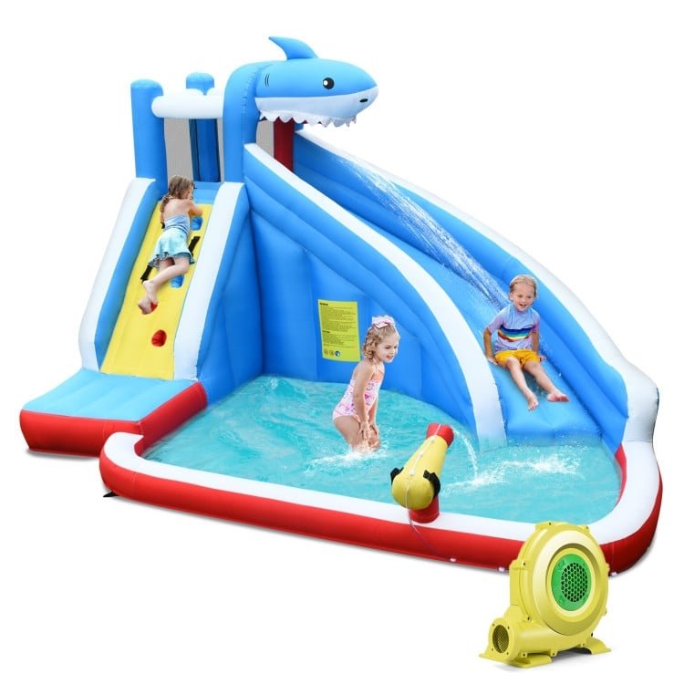 4-in-1 Shark Inflatable Water Park with Climbing Wall and 735W Blower