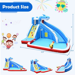 4-in-1 Shark Inflatable Water Park with Climbing Wall and 735W Blower