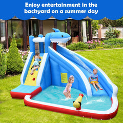 4-in-1 Shark Inflatable Water Park with Climbing Wall and 735W Blower