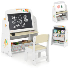 4-in-1 Kids Table and Chair Set Art Easel with Magnetic Whiteboard and Bookshelf-Natural