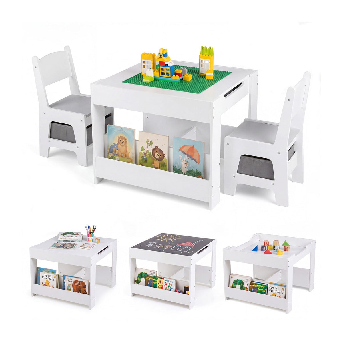 4 in 1 Kids Table and Chairs with Building Blocks and Bookshelves-Grey