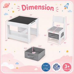 4 in 1 Kids Table and Chairs with Building Blocks and Bookshelves-Grey