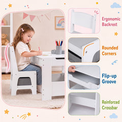 4 in 1 Kids Table and Chairs with Building Blocks and Bookshelves-Grey