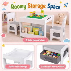 4 in 1 Kids Table and Chairs with Building Blocks and Bookshelves-Grey